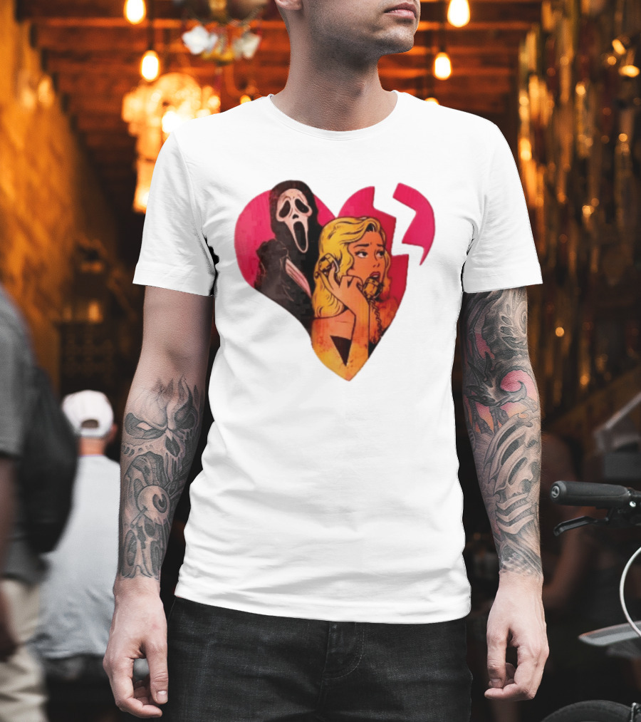 Cartoon Blonde Woman Ghostface Broken Pink Heart Knife Phone T-Shirt
