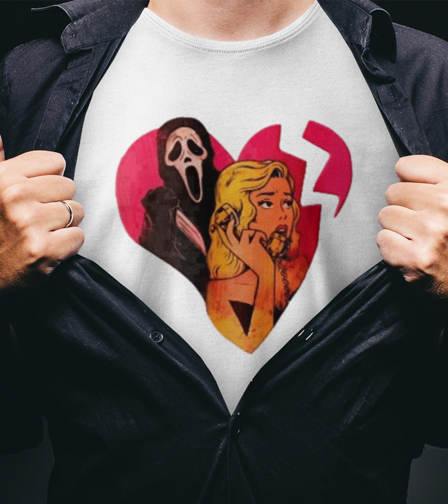 Cartoon Blonde Woman Ghostface Broken Pink Heart Knife Phone T-Shirt