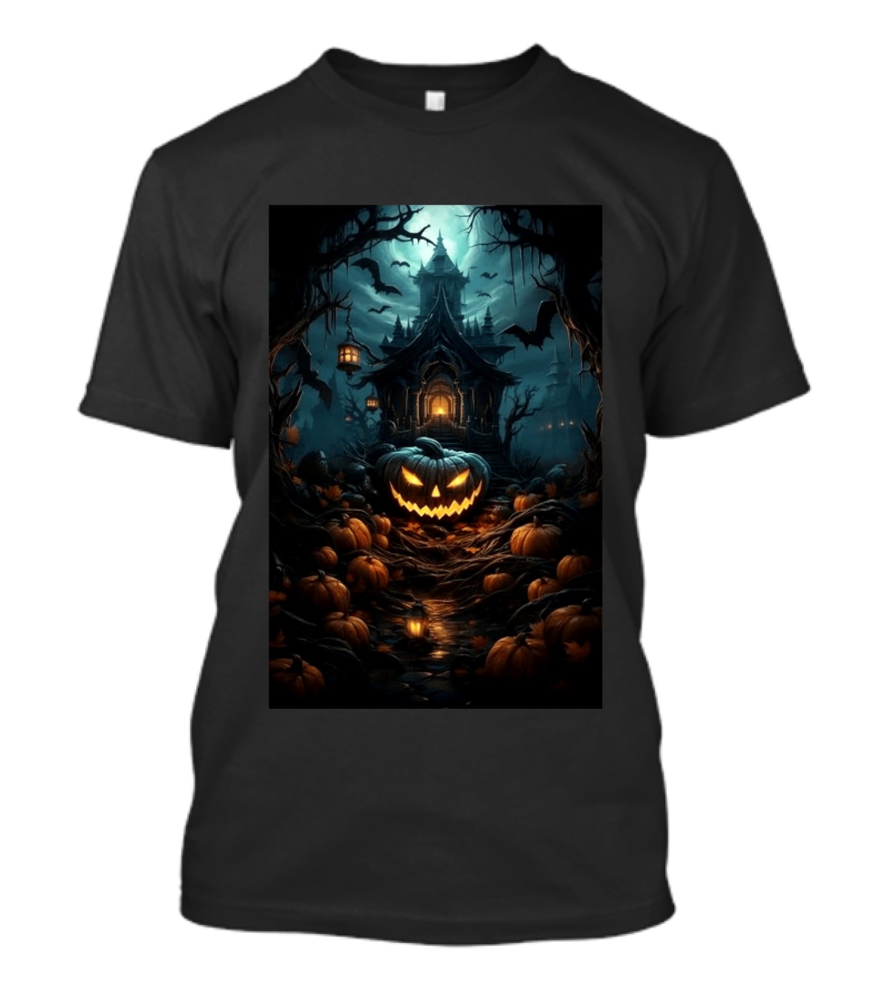Haunted House Pumpkin Season Halloween Spooky Night Scene With Jack O' Lanterns And Bats T-Shirt