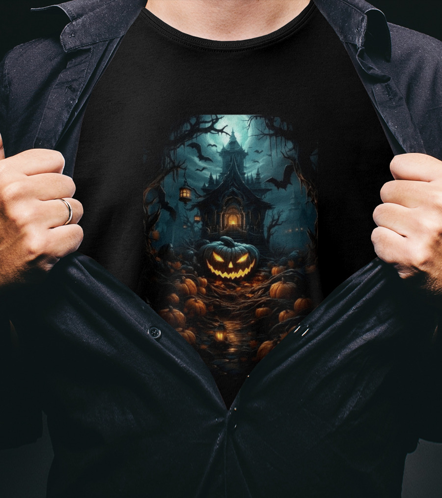 Haunted House Pumpkin Season Halloween Spooky Night Scene With Jack O' Lanterns And Bats T-Shirt