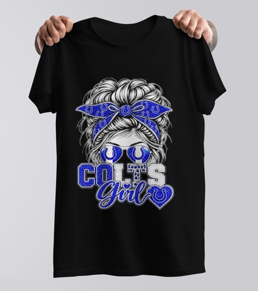 Indianapolis Colts Girl Messy Bun Blue Bandana Sunglasses Fan T-Shirt