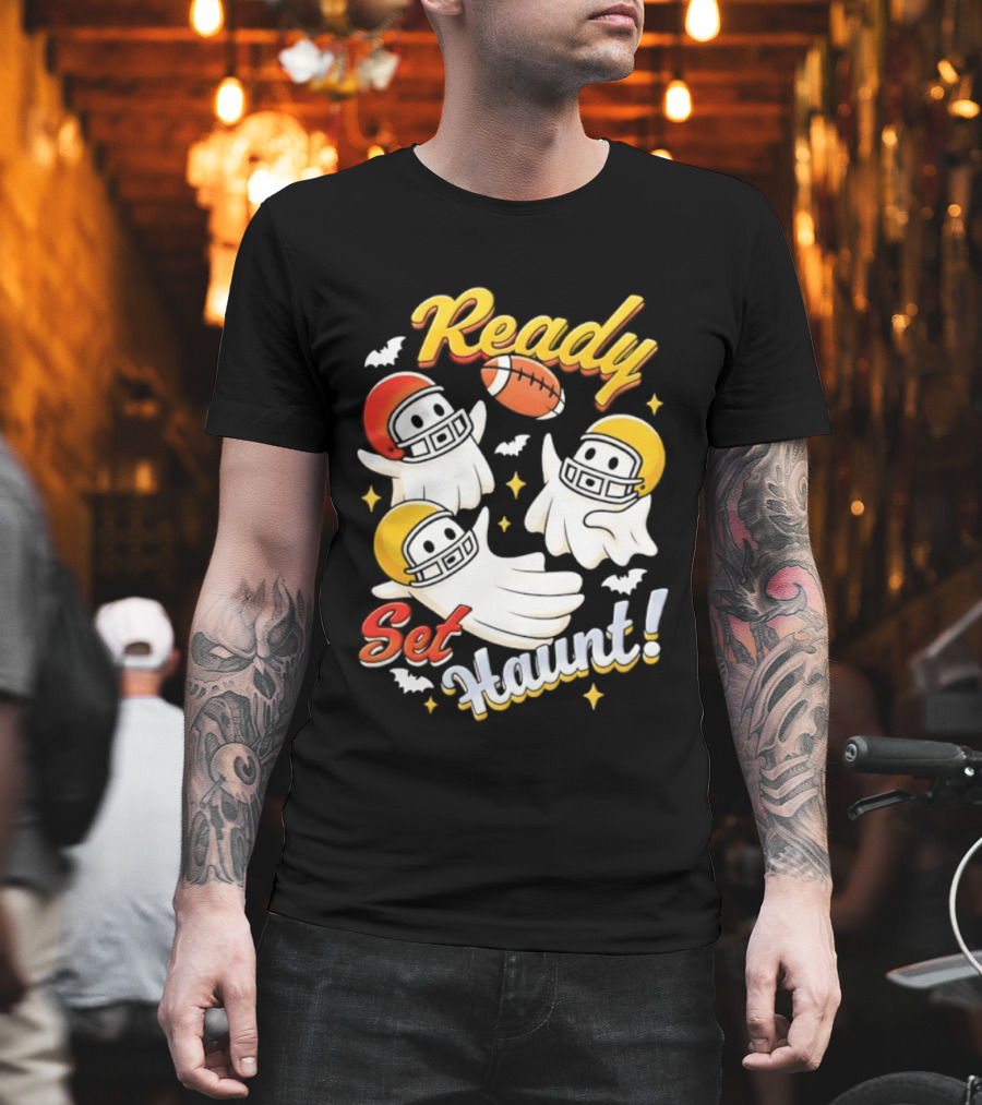 Ready Set Haunt Ghosts Football Helmet Halloween T-Shirt
