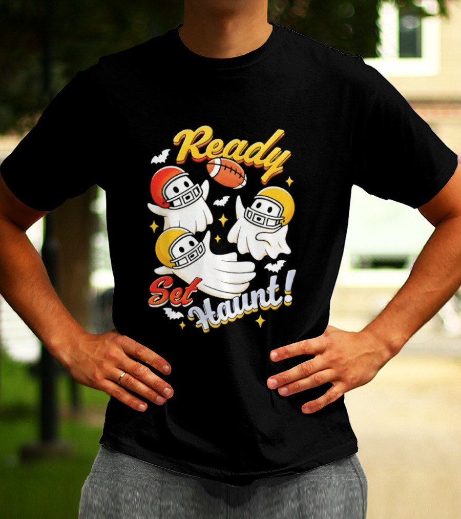 Ready Set Haunt Ghosts Football Helmet Halloween T-Shirt