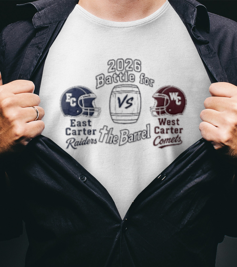 2026 Battle For The Barrel East Carter Raiders Vs West Carter Comets Football Helmets T-Shirt