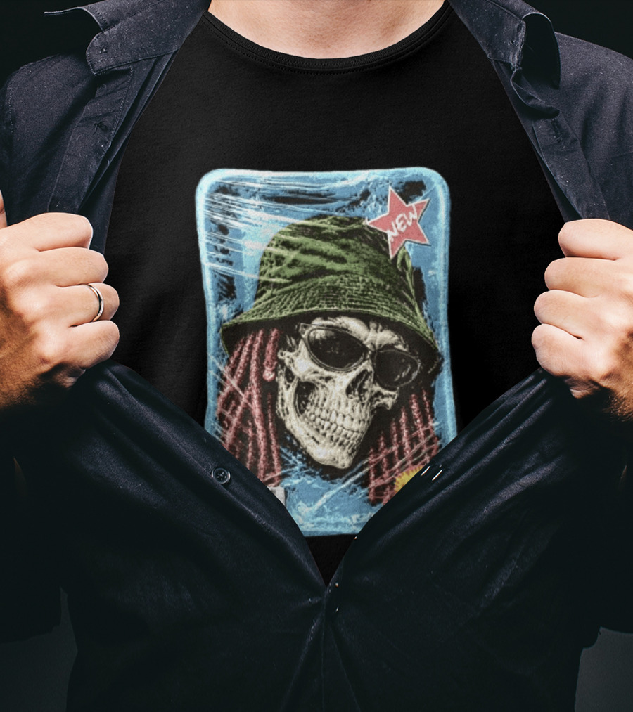 Skull With Dreadlocks Wearing Green Bucket Hat Sunglasses New Star Label T-Shirt