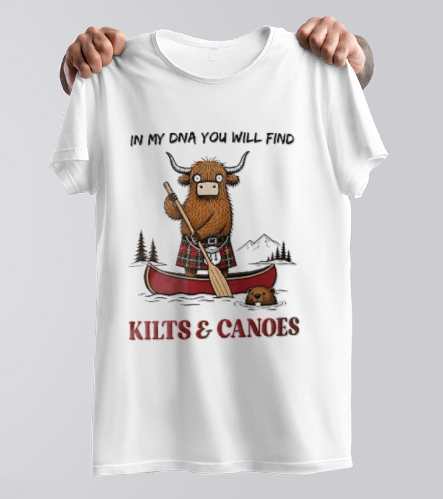 In My DNA You Will Find Kilts And Canoes Cartoon Highland Cow Paddling T-Shirt
