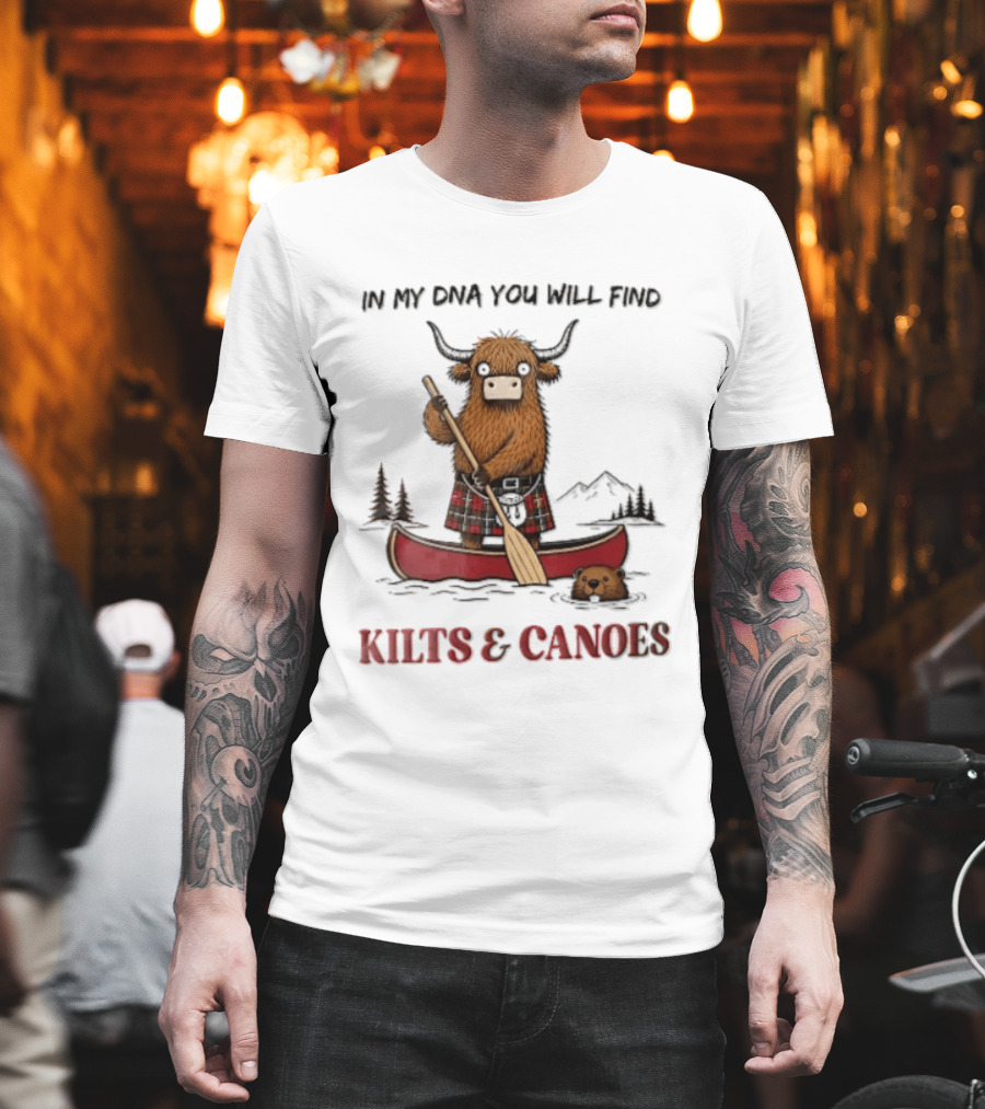In My DNA You Will Find Kilts And Canoes Cartoon Highland Cow Paddling T-Shirt