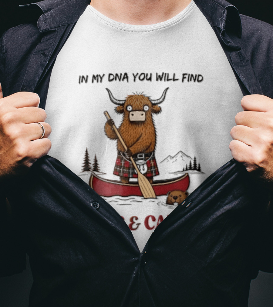 In My DNA You Will Find Kilts And Canoes Cartoon Highland Cow Paddling T-Shirt