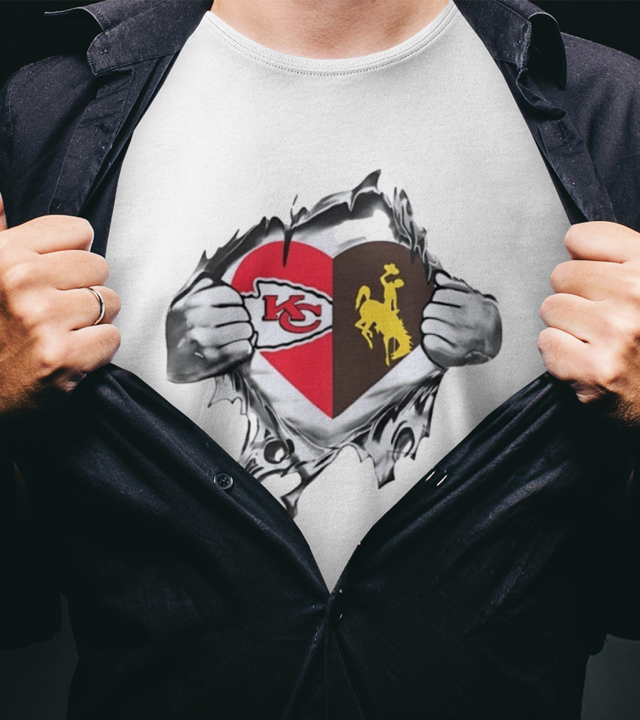 Kansas City Chiefs Wyoming Cowboys Heart Fan Pride Combination T-Shirt