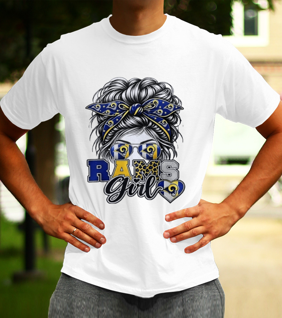 Rams Girl Messy Bun Bandana Sunglasses Fan T-Shirt