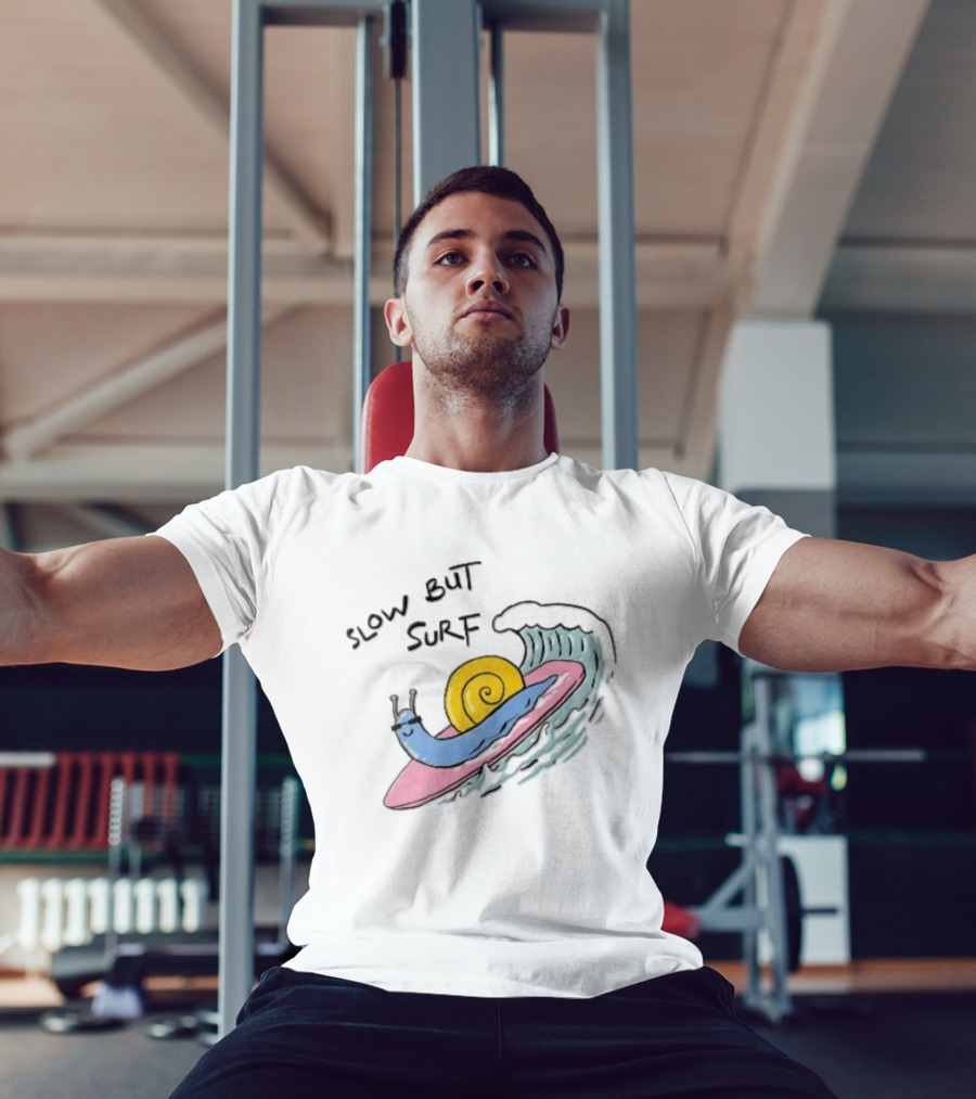 Slow But Surf Cartoon Blue Snail Riding Pink Surfboard Wave T-Shirt