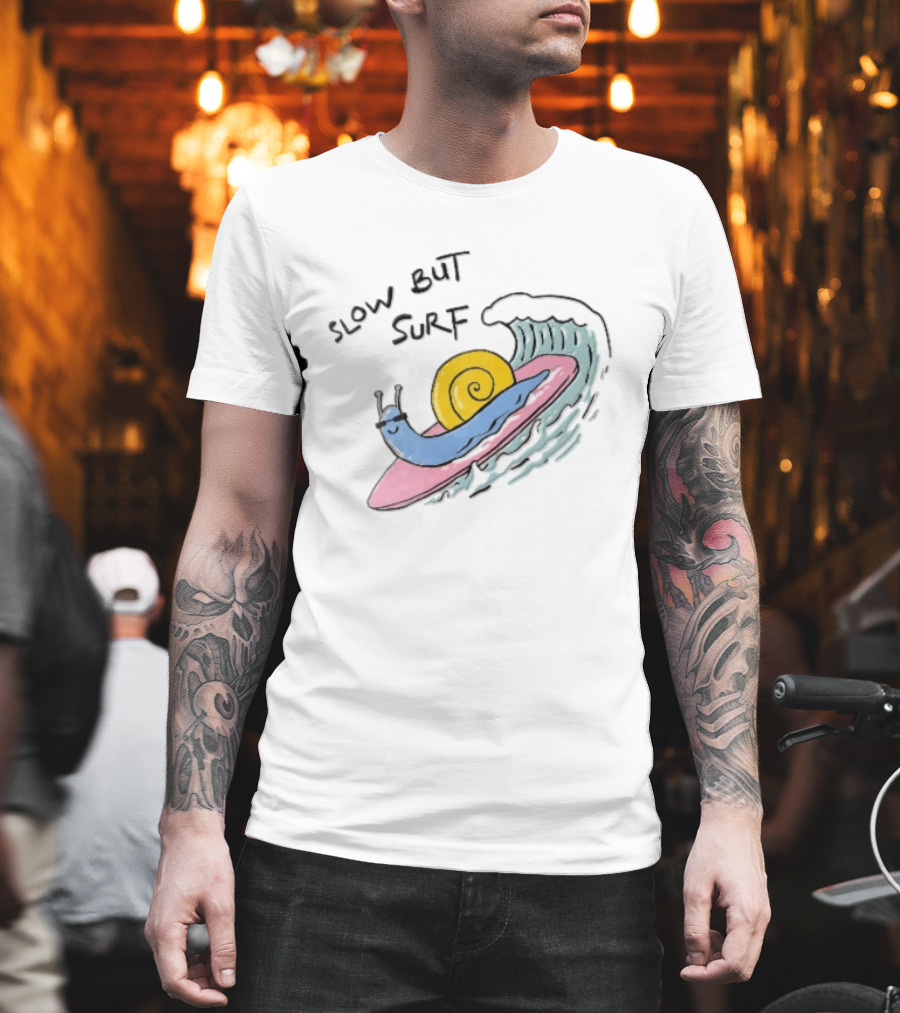 Slow But Surf Cartoon Blue Snail Riding Pink Surfboard Wave T-Shirt