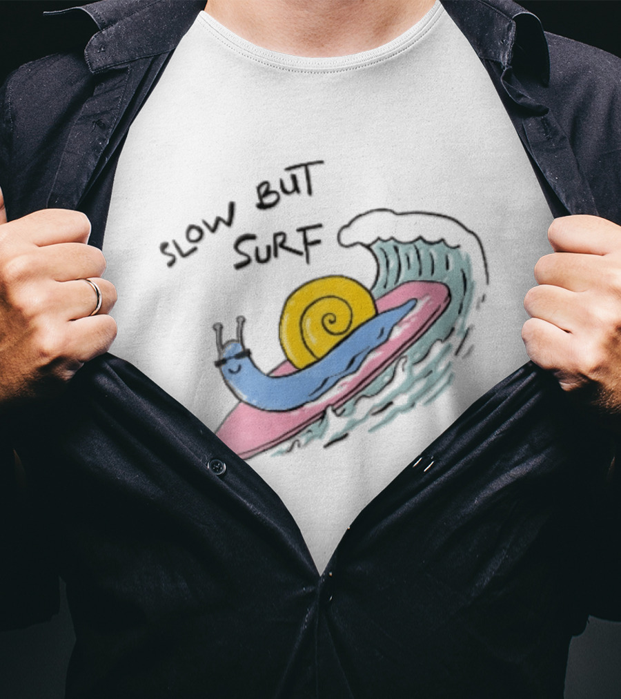 Slow But Surf Cartoon Blue Snail Riding Pink Surfboard Wave T-Shirt