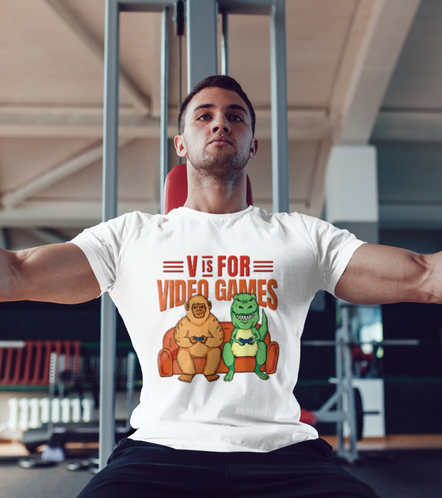 V Is For Video Games Sasquatch Dinosaur Couch Controllers Cartoon T-Shirt