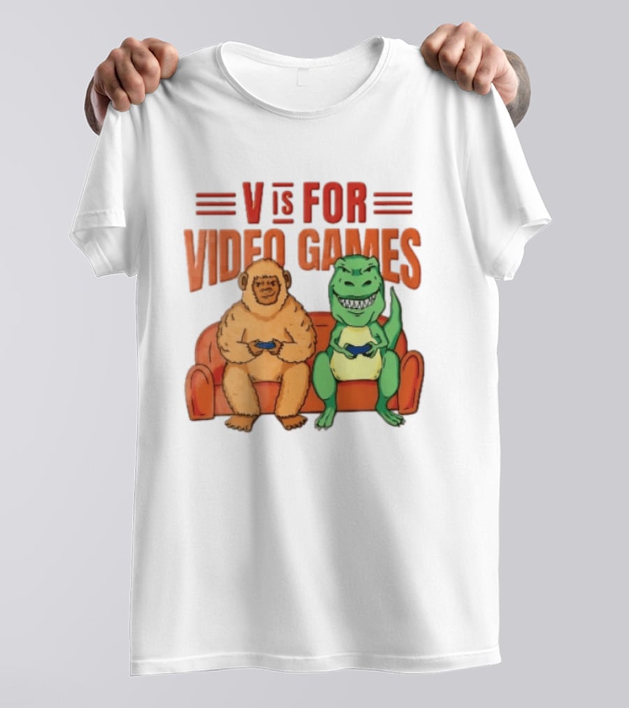 V Is For Video Games Sasquatch Dinosaur Couch Controllers Cartoon T-Shirt