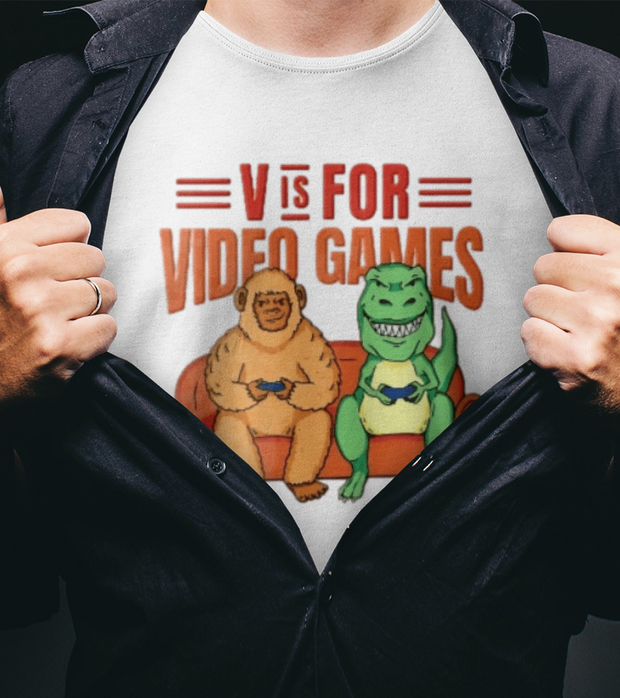 V Is For Video Games Sasquatch Dinosaur Couch Controllers Cartoon T-Shirt