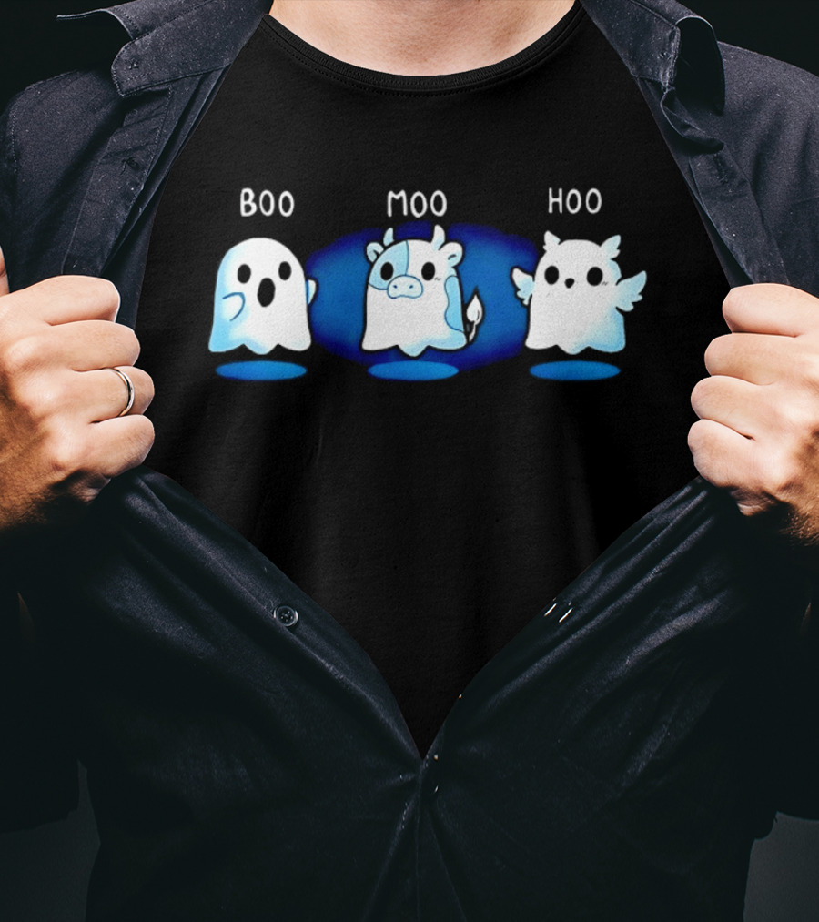 Boo Moo Hoo Halloween Ghost Cow And Owl Fun T-Shirt