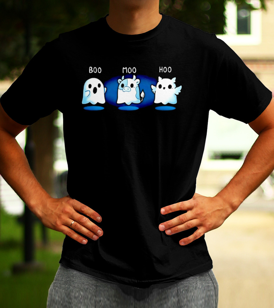 Boo Moo Hoo Halloween Ghost Cow And Owl Fun T-Shirt
