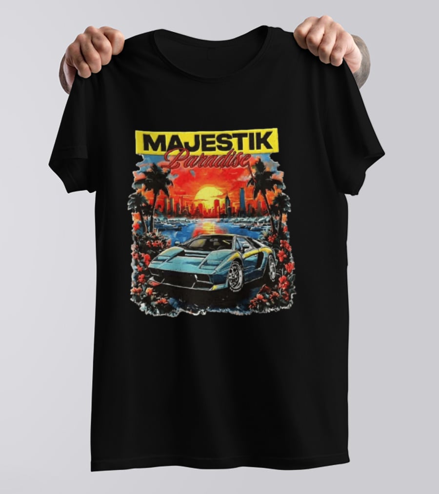 Majestik Paradise Lamborghini Countach Miami Skyline Sunset Beach City T-Shirt