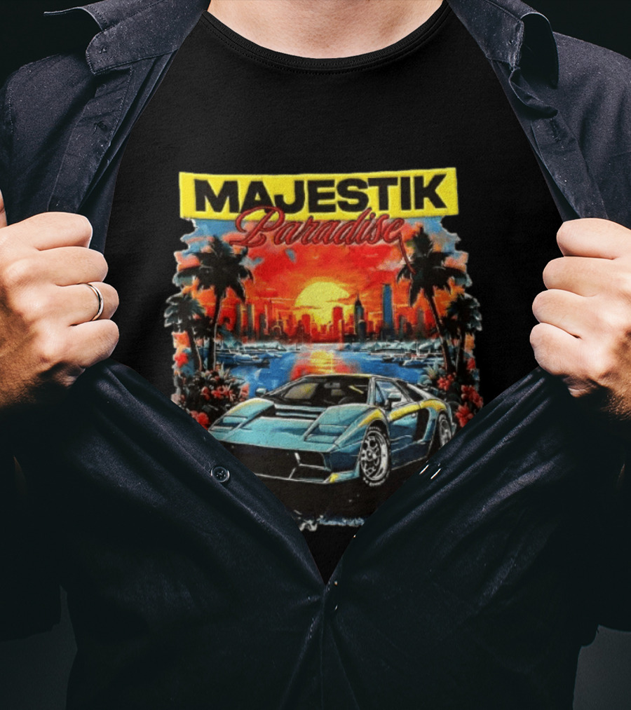 Majestik Paradise Lamborghini Countach Miami Skyline Sunset Beach City T-Shirt