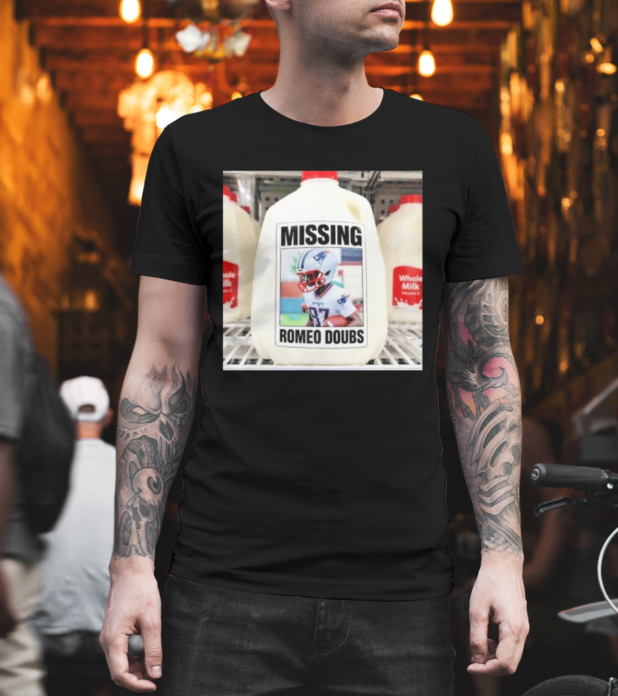 Missing Romeo Doubs Football Milk Carton With Patriots Helmet Image T-Shirt