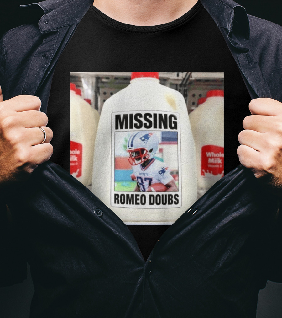 Missing Romeo Doubs Football Milk Carton With Patriots Helmet Image T-Shirt