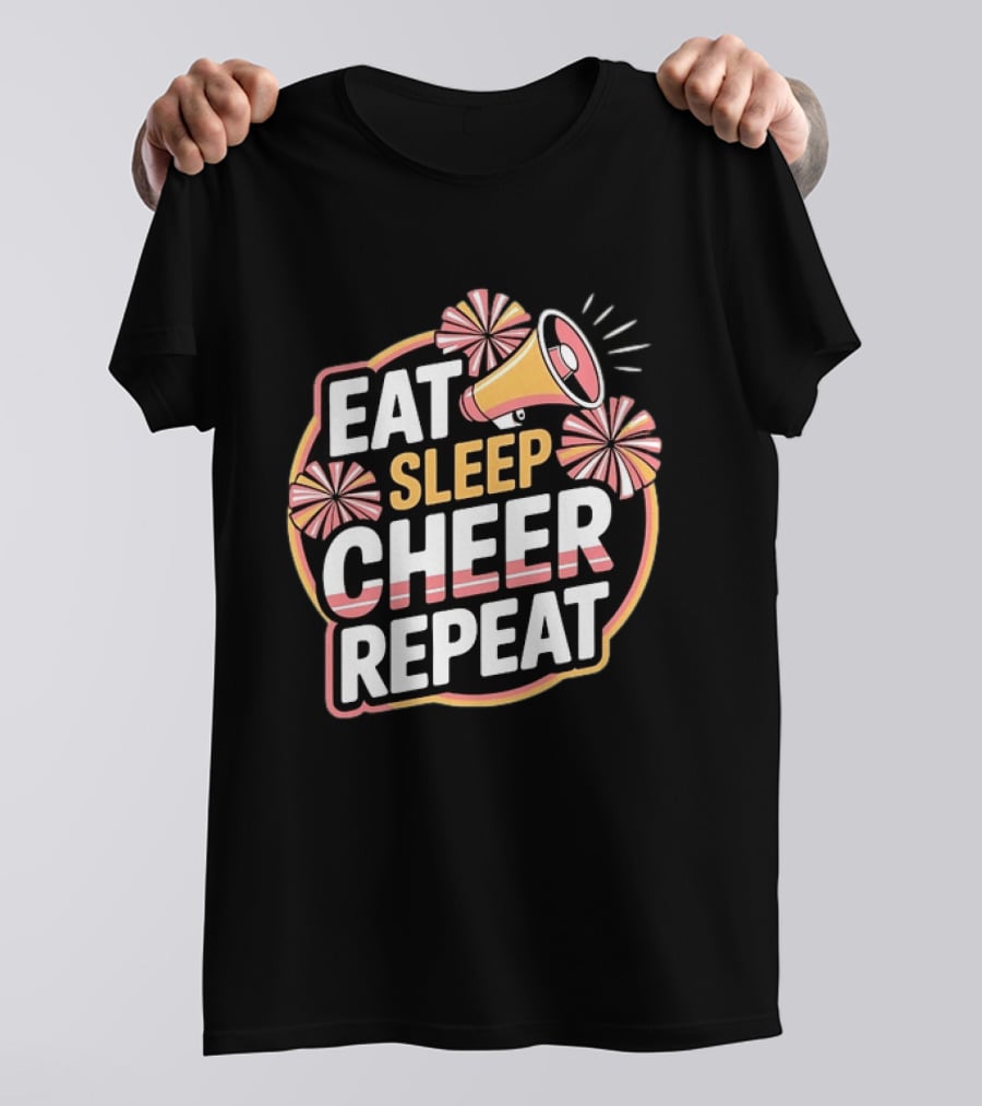 Eat Sleep Cheer Repeat Megaphone Pom Poms Cheerleading T-Shirt