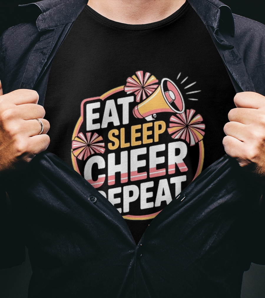 Eat Sleep Cheer Repeat Megaphone Pom Poms Cheerleading T-Shirt