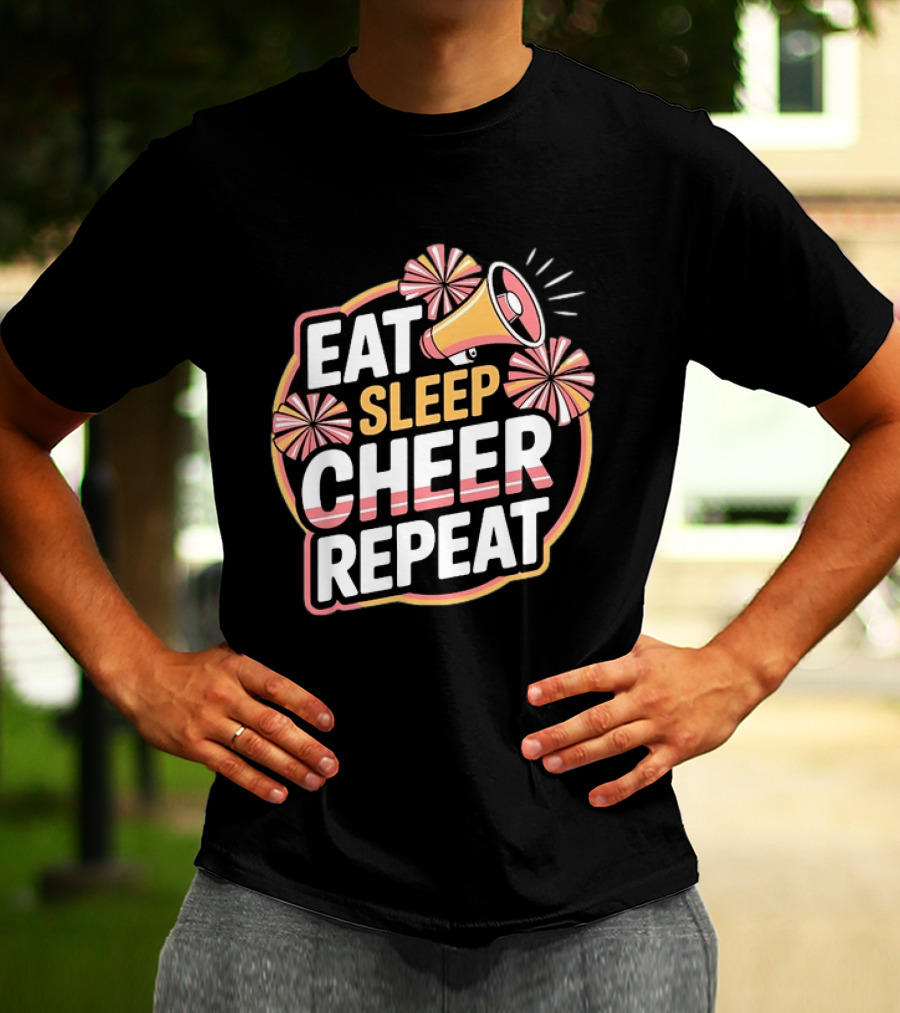 Eat Sleep Cheer Repeat Megaphone Pom Poms Cheerleading T-Shirt