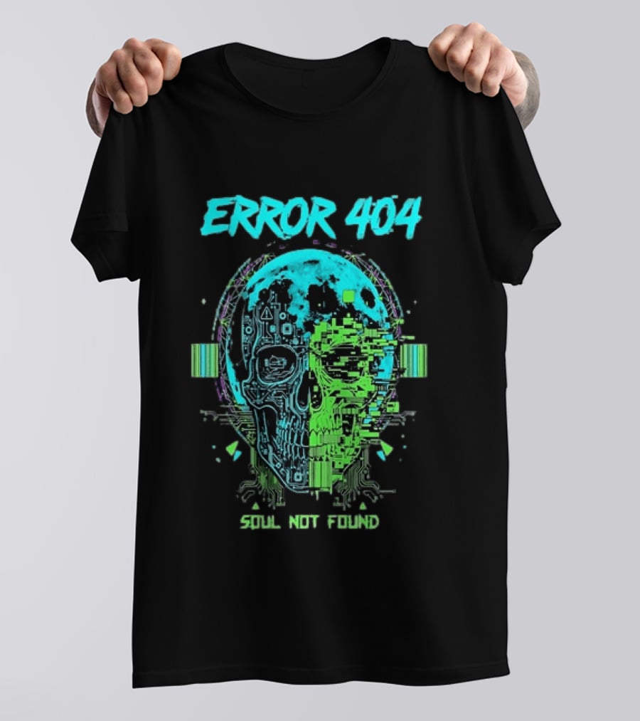 Error 404 Soul Not Found Cyber Skull Glitch Retro Tech Aesthetic T-Shirt