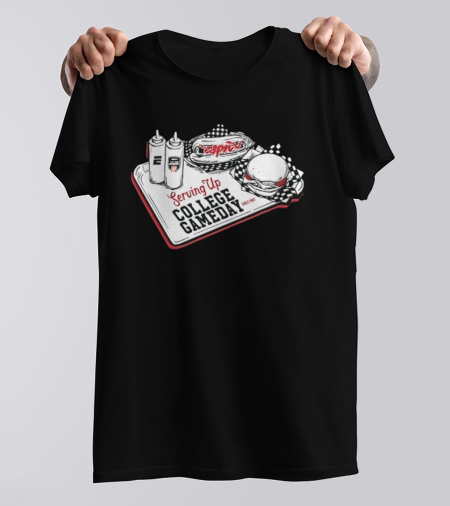 Espn Serving Up College Gameday Since 1987 Food Tray Hot Dog Burger Sketch T-Shirt