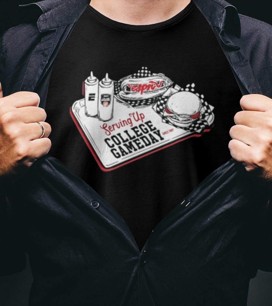Espn Serving Up College Gameday Since 1987 Food Tray Hot Dog Burger Sketch T-Shirt