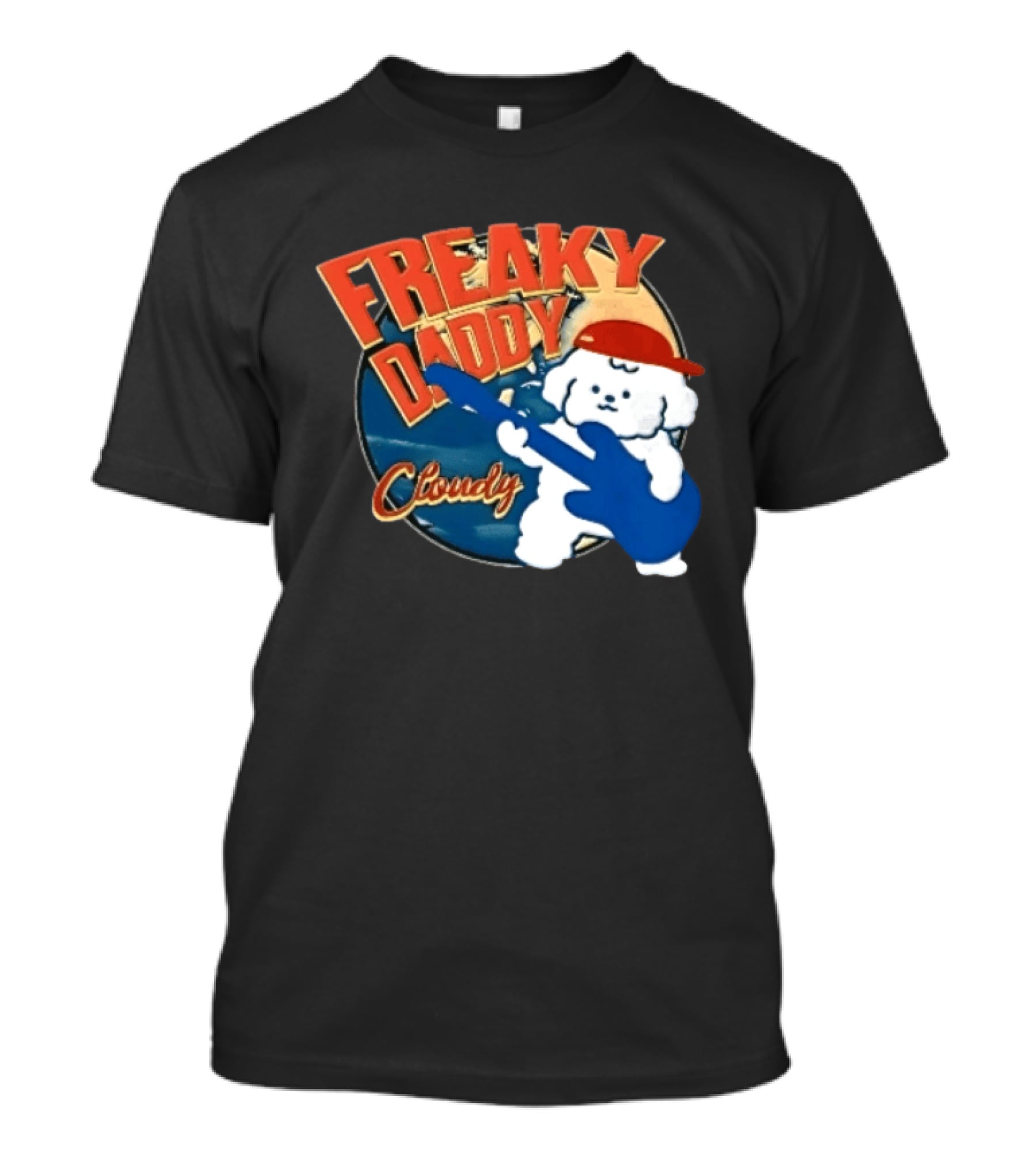 Freaky Daddy Cloudy Cartoon Dog Red Cap Playing Guitar T-Shirt