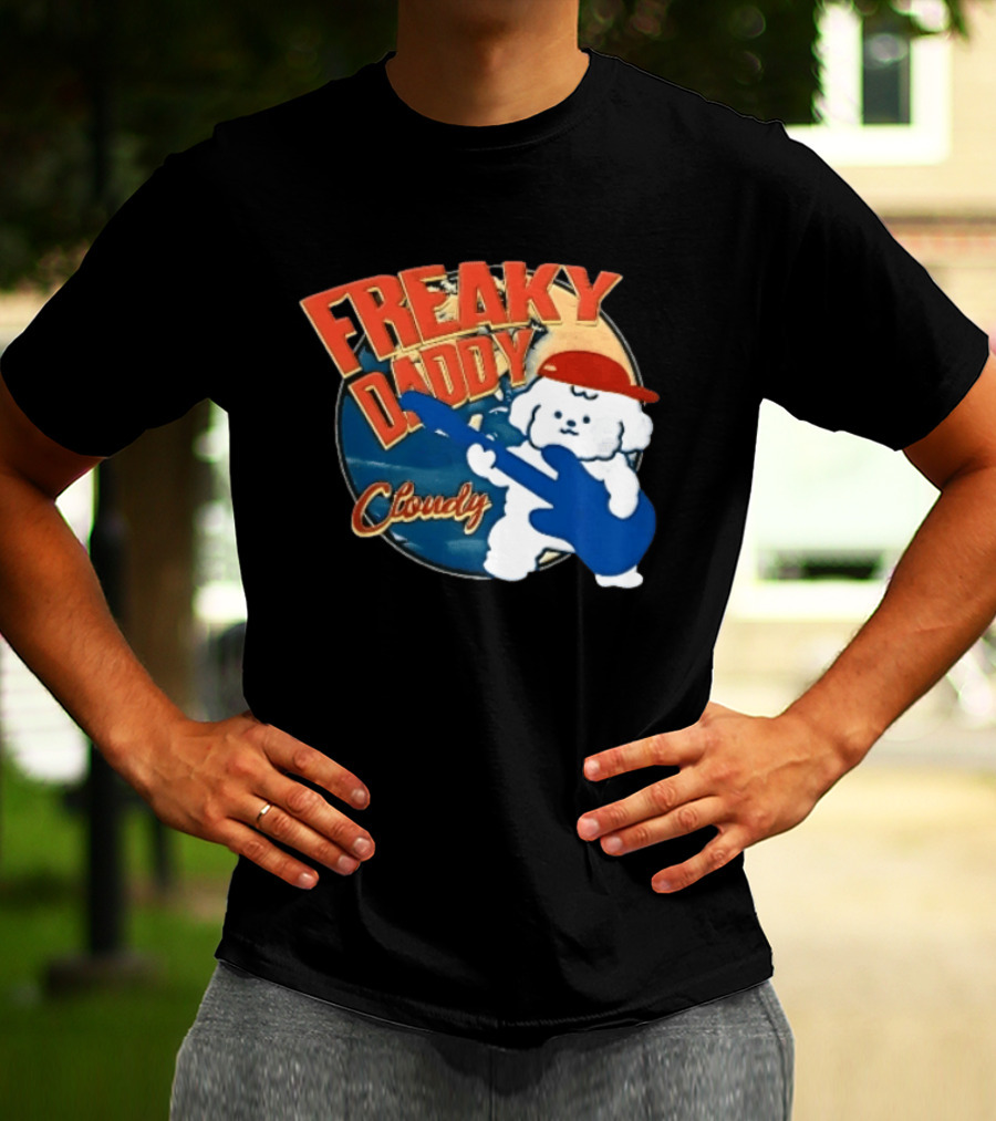 Freaky Daddy Cloudy Cartoon Dog Red Cap Playing Guitar T-Shirt