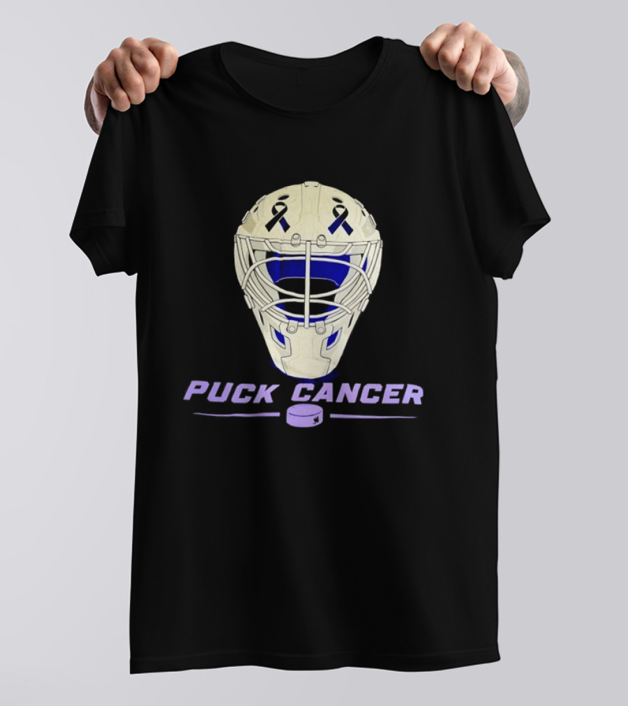 Puck Cancer Hockey Goalie Mask Awareness Purple Ribbon T-Shirt