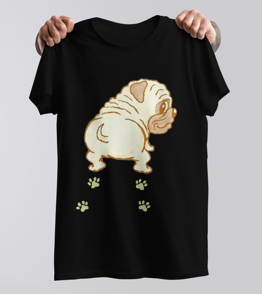 Pug Looking Back With Paw Prints Dog Cute Canine T-Shirt