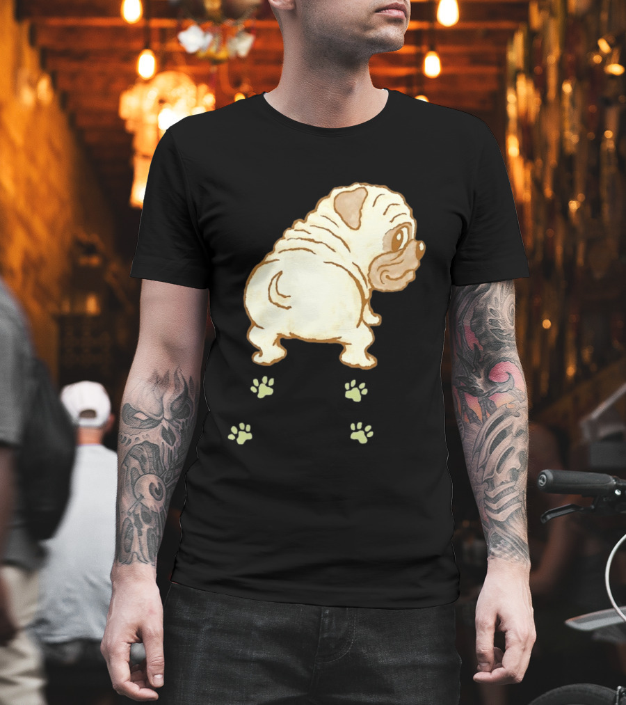 Pug Looking Back With Paw Prints Dog Cute Canine T-Shirt