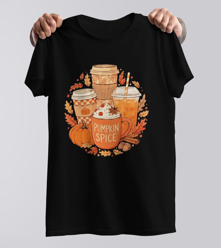 Pumpkin Spice Fall Coffee Drinks Autumn Leaves Acorns Cinnamon Sticks T-Shirt