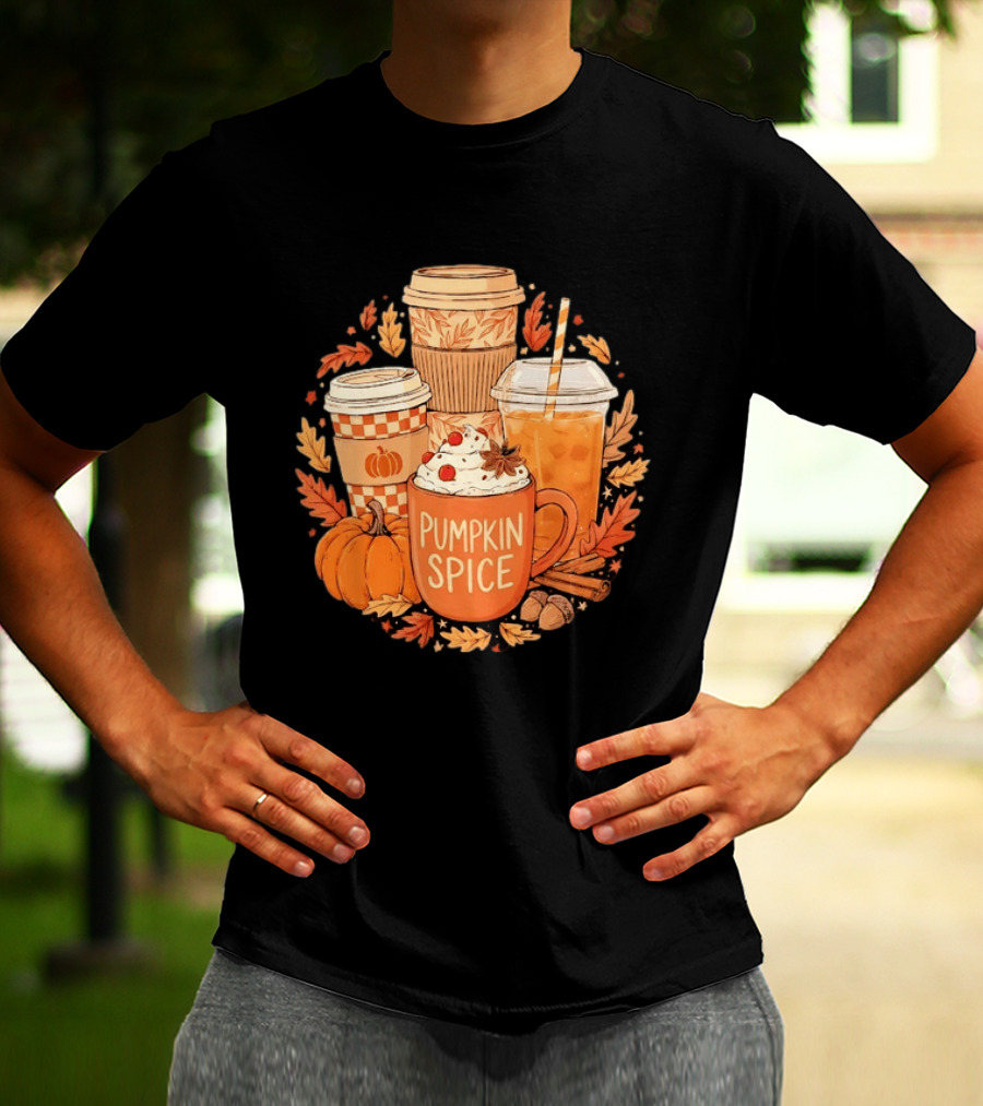 Pumpkin Spice Fall Coffee Drinks Autumn Leaves Acorns Cinnamon Sticks T-Shirt