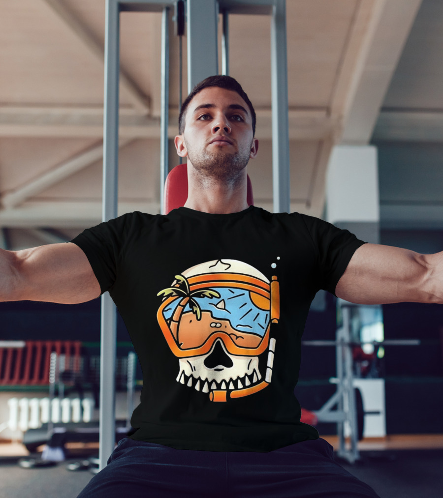 Skull Wearing Snorkel Mask With Tropical Beach Scene Palm Tree Sun T-Shirt
