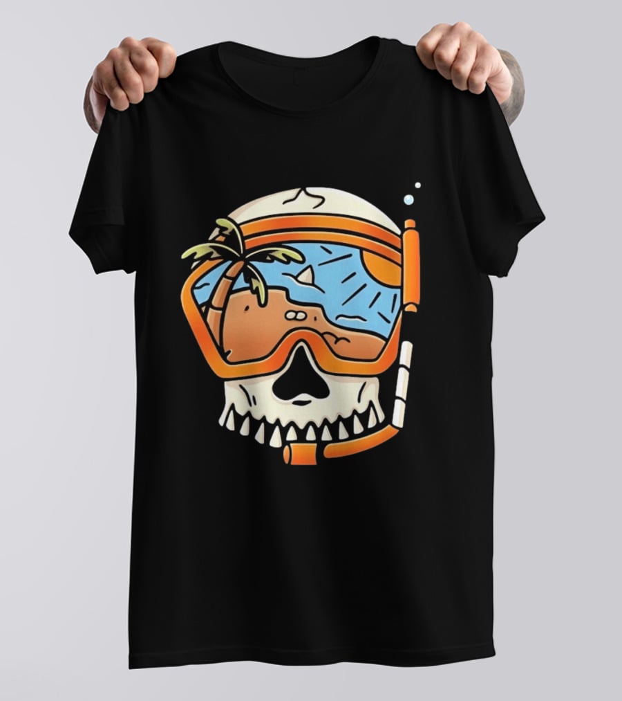 Skull Wearing Snorkel Mask With Tropical Beach Scene Palm Tree Sun T-Shirt