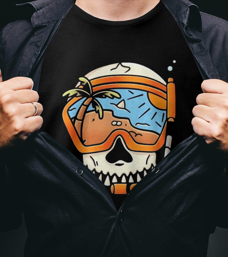 Skull Wearing Snorkel Mask With Tropical Beach Scene Palm Tree Sun T-Shirt