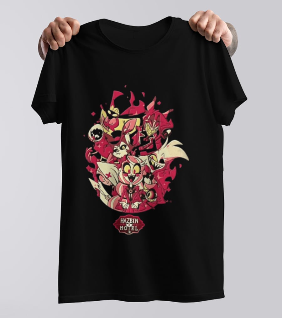 Hazbin Hotel Demon Characters Group Red Sparkles Cartoon Alastor Angel Dust Charlie Vaggie T-Shirt