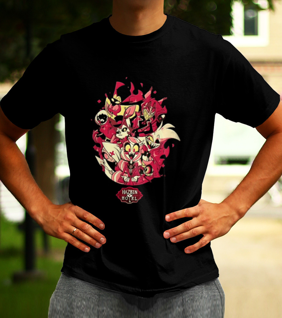 Hazbin Hotel Demon Characters Group Red Sparkles Cartoon Alastor Angel Dust Charlie Vaggie T-Shirt