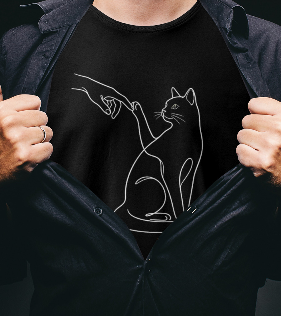 Human Hand Touching Cat Paw Line Minimalist T-Shirt