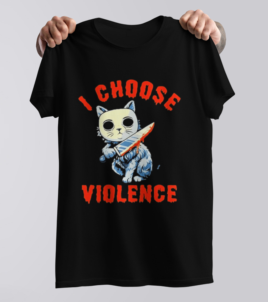 I Choose Violence Cat With Knife Horror Creepy Mask T-Shirt