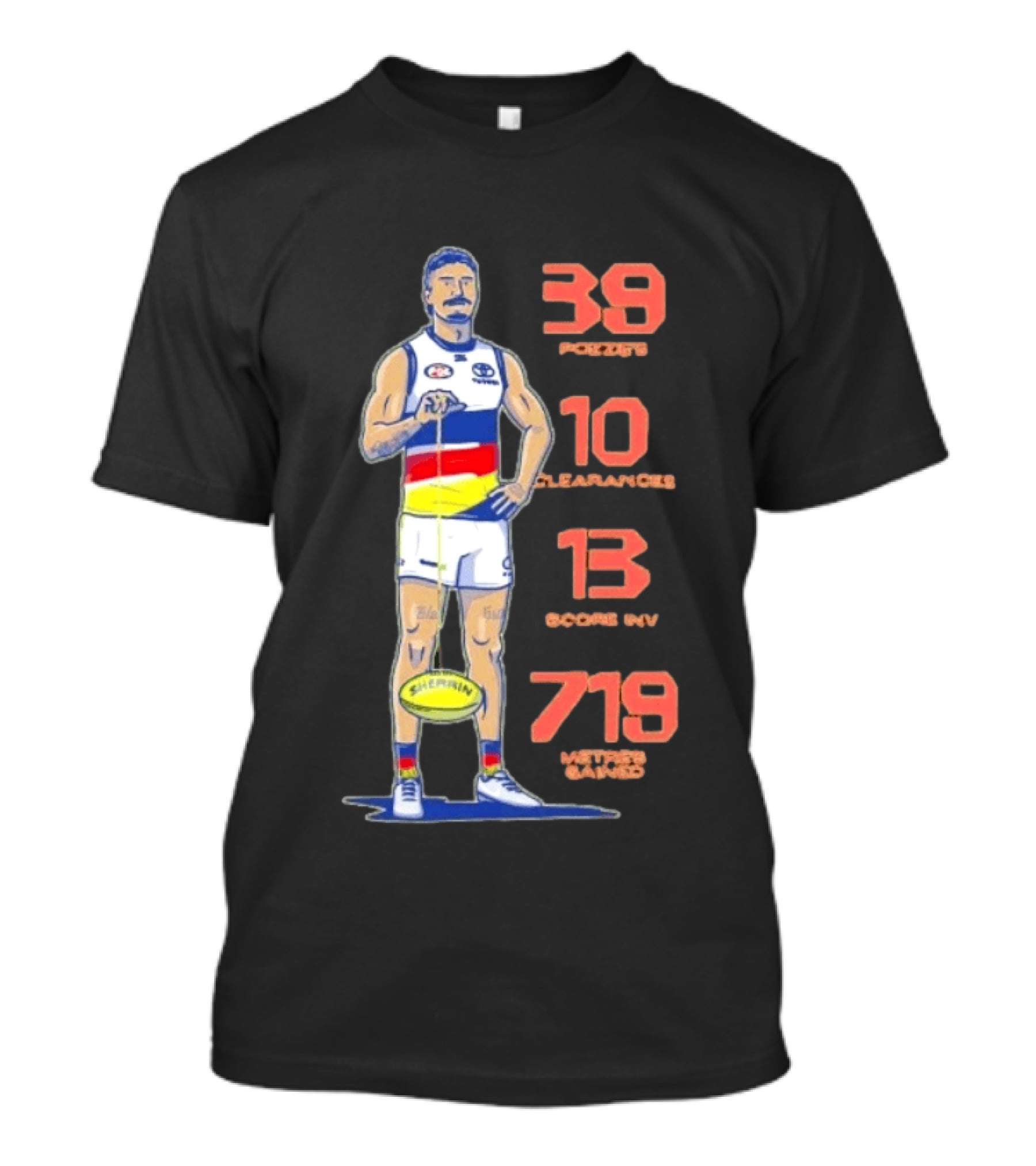 Izak Rankine Adelaide Crows 39 Pozzies 10 Clearances 13 Score Inv 719 Metres Gained AFL Sherrin Rugby Stats T-Shirt