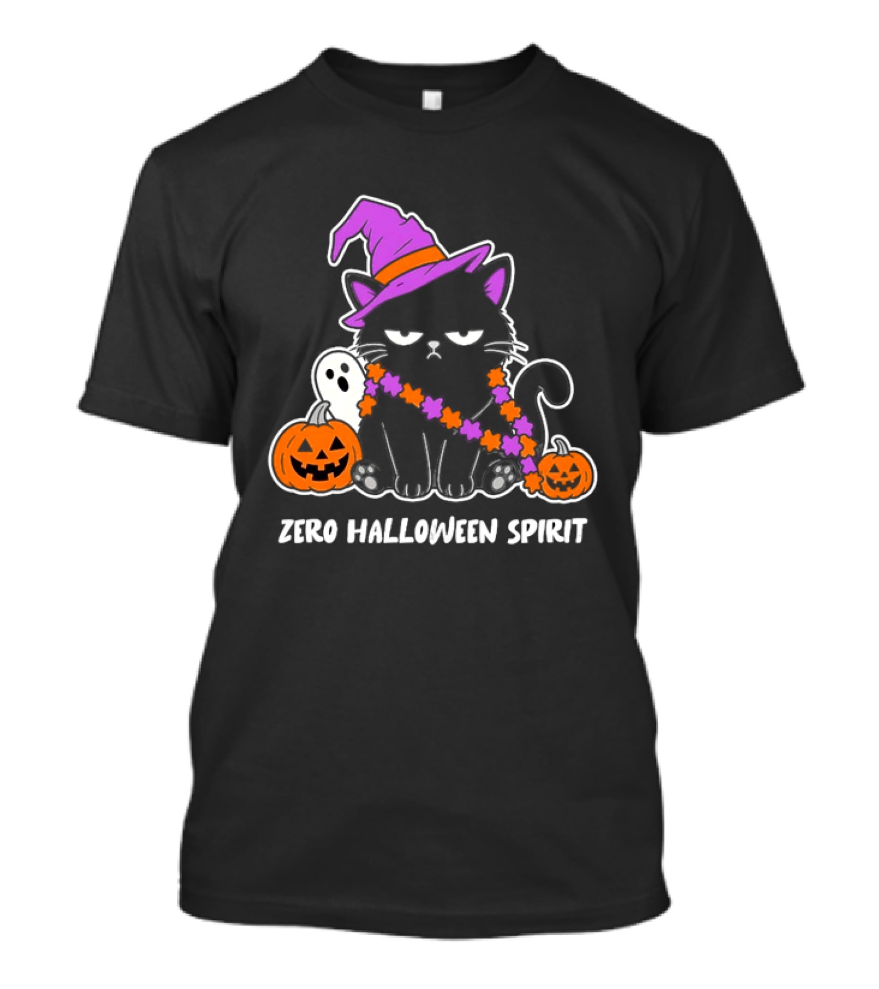 Zero Halloween Spirit Grumpy Black Cat With Pumpkin Ghost And Hat T-Shirt