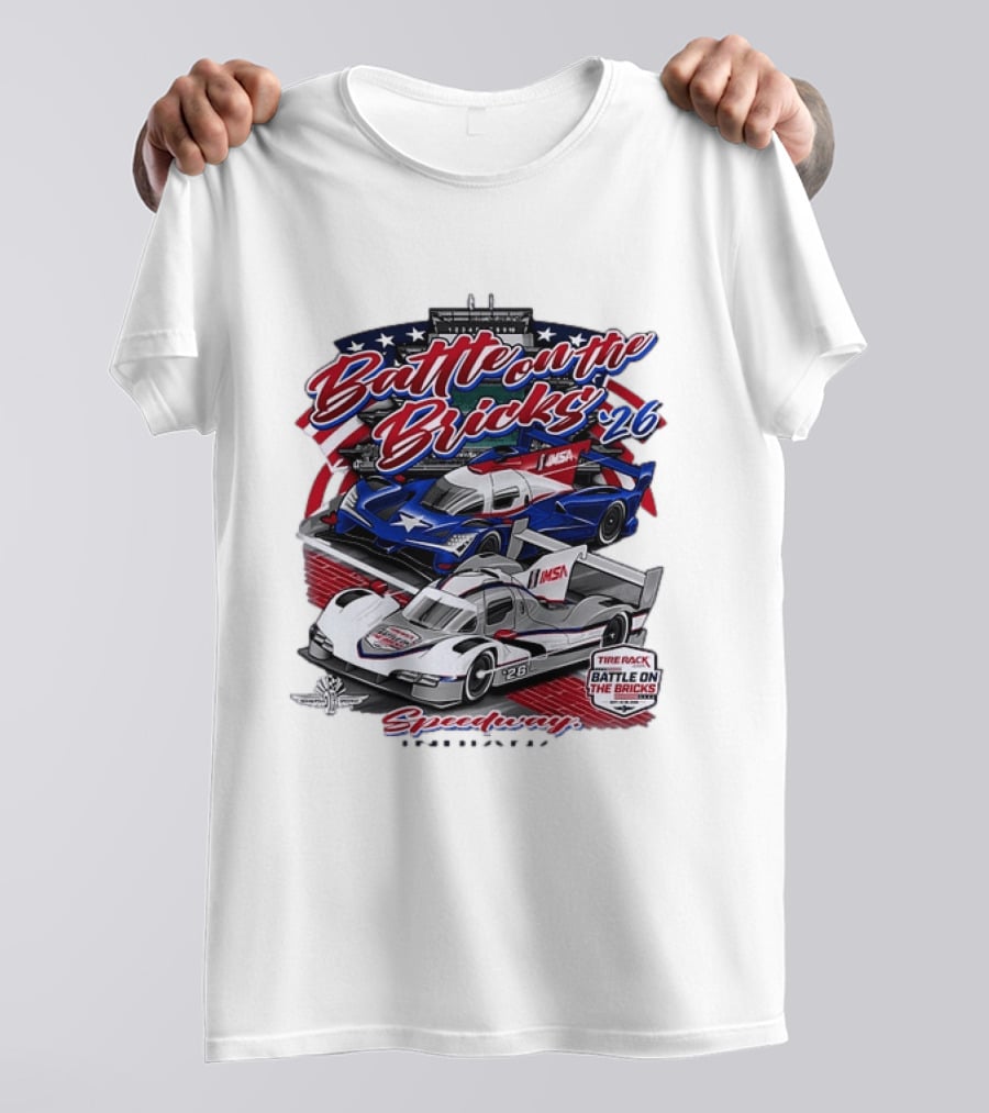 Battle On The Bricks '26 IMSA Indianapolis Motor Speedway Tire Rack Racing Cars T-Shirt