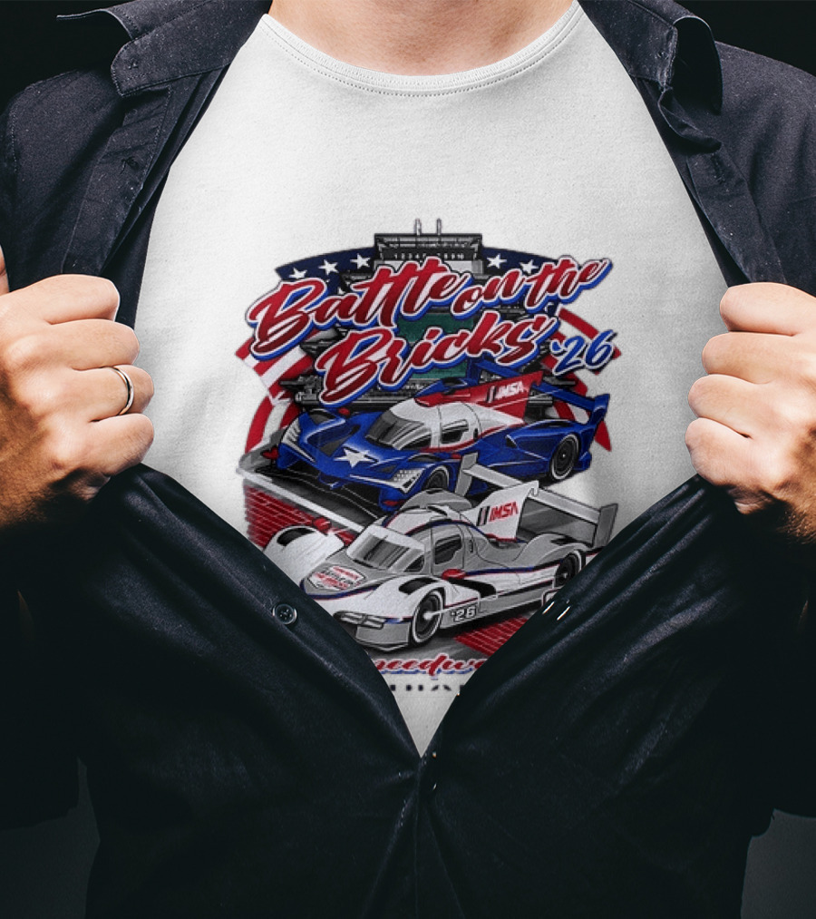 Battle On The Bricks '26 IMSA Indianapolis Motor Speedway Tire Rack Racing Cars T-Shirt
